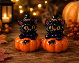 Halloween Black Cat on Pumpkin Set – Witch Cat Miniatures – Spooky Tiered Tray Decor – Fairy Garden Halloween Decor – Set of 2