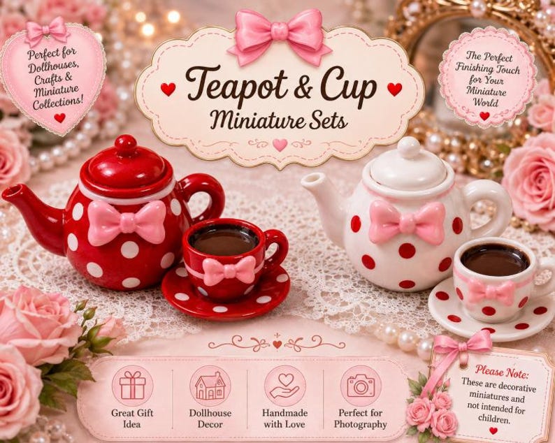 May include: Two miniature teapot and cup sets, one red with white polka dots and one white with red polka dots. Each piece features a small pink bow. The sets include a teapot, a teacup, and a saucer, all decorated with matching bows and dots.