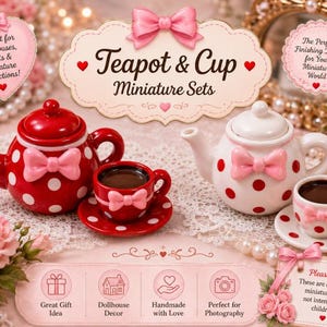 May include: Two miniature teapot and cup sets, one red with white polka dots and one white with red polka dots. Each piece features a small pink bow. The sets include a teapot, a teacup, and a saucer, all decorated with matching bows and dots.