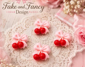 Pink Cherry Bow Flatback Cabochons  Set of 4