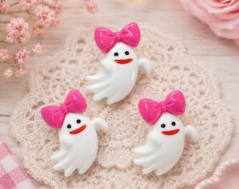 Cute Ghost with Pink Bow Cabochons, Halloween Resin Charms, Kawaii Ghost Embellishments, Fake Bake Supplies, Decoden Charms, Set of 5