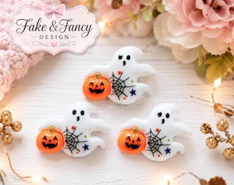 Halloween Ghost with Pumpkin Flatback Resin Cabochons – Set of 5