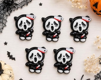 Set of 5 Cute Ghost Face Bear Flatback Cabochons  Halloween Resin Charms  Spooky Craft