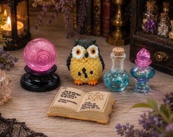 Mini Halloween Witch Accessories Set | Crystal Ball, Owl, Spell Book & Potion Bottles