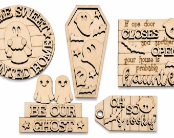 Halloween DIY Wood Sign Set | Laser Cut Ghost Signs | Unfinished Halloween Craft