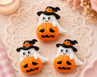 Ghost with Pumpkin Flatback Cabochons, Halloween Resin Charms, Set of 5