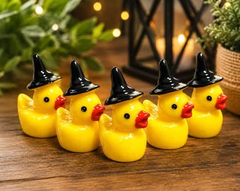 Halloween Witch Duck Miniature Set of 4 – Tiny Yellow Ducks with Black Hats
