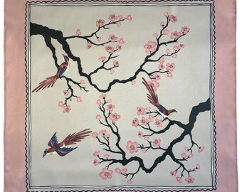 Cherry Blossom Satin Scarf: Hand-Drawn Japanese Design