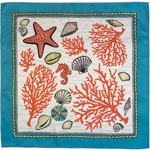 May include: A white cotton bandana with a blue border and a repeating pattern of coral, seashells, starfish, and seahorses.