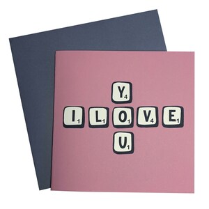 Carte Scrabble Love, carte Saint-Valentin, carte rose, carte de vœux rose, carte carrée, carte blanche, carte personnalisée, cartes d'amour, cartes drôles