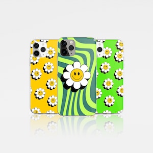 Retro Phone Case Smiley Daisy Cover fit for iPhone 15 Pro Max, 14, 13, 12, 11, XR, 8+, 7 & Samsung S23, S22, A14, A54