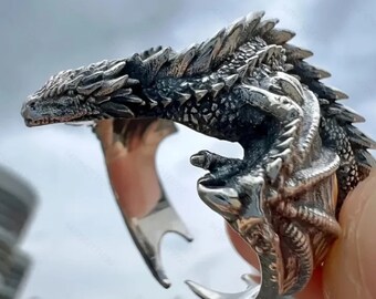 El anillo de apertura ajustable del dragón alado simboliza el poder dominante, vikingo de plata vintage para hombres, regalo accesorio de joyería de moda