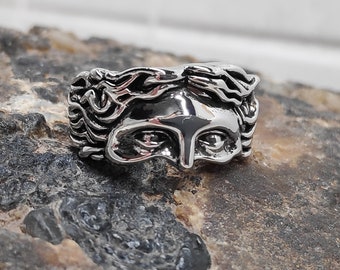 Goddess Venus sculpture half face ring, Aphrodite eyes, Ancient Greek Renaissance Vintage silver for men women trendy jewelry accessory gift