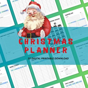 May include: A printable Christmas planner with a Santa Claus illustration. The planner includes sections for a reflection journal, Christmas countdown, shopping list, giving back planner, budget planner, Christmas decoration planner, party planner, and cooking recipes.
