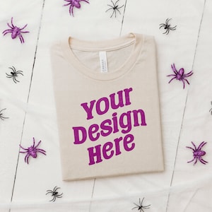 Bella Canvas 3001 Mockup | Soft Cream T-Shirt | Halloween Flatlay | Spiders And Webs | Model Mockup | Blank Product Photo | Unisex Soft Tee