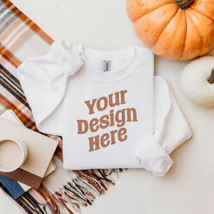 Gildan 18000 Mockup | White Gildan Sweatshirt Mockup | Fall Sweater Weather Flatlay | G180 Heavy Blend Sweatshirt | Oversized Crewneck