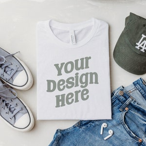 Bella Canvas 3001 Mockup | White 3001 T-Shirt Mockup | Flatlay Mockup | Casual Outfit Mockup | Unisex T-Shirt | Fashion Tee