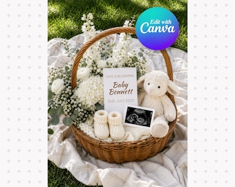Plantilla para anuncio de embarazo: Plantilla editable de Canva, anuncio minimalista, género neutro, cesta de picnic con flores blancas, descarga digital.