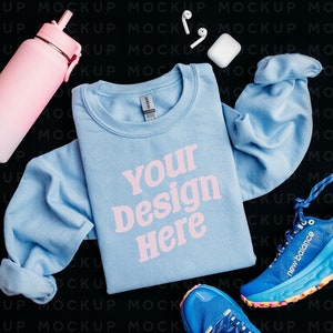 Gildan 18000 Light Blue Sweatshirt Mockup: Athletic Flatlay (Digital Download)