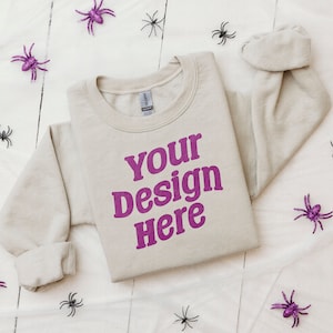 Gildan 18000 Mockup | Sand Gildan Sweatshirt | Halloween Flatlay | October Sweater Weather | Spiders And Webs | Oversized Crewneck