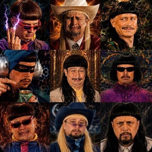 May include: A collage of nine portraits featuring a person with a bowl-cut hairstyle in various costumes, including a cowboy hat, sunglasses, and colorful jackets, set against dark, textured backgrounds with lightning and abstract patterns.