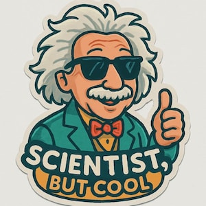 May include: A sticker featuring a cartoon illustration of a scientist with white hair, sunglasses, and a mustache. The scientist is giving a thumbs-up and wearing a teal blazer and a red bow tie. The text "SCIENTIST, BUT COOL" is at the bottom.