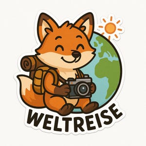 Volpe con macchina fotografica in giro per il mondo – Grazioso adesivo per auto – resistente alle intemperie, avventuroso – regalo per amanti dei viaggi, degli animali e fotografi