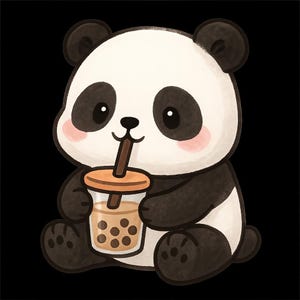 Könnte beinhalten: Niedliche Cartoon-Illustration eines Panda-Bären mit schwarz-weißem Fell, der Bubble Tea trinkt. Der Panda hat rosa Wangen und hält eine Tasse mit einem braunen Strohhalm. Der Hintergrund ist schwarz.