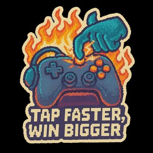 Könnte beinhalten: Pixelige Illustration auf schwarzem Hintergrund mit einem blauen Videospiel-Controller mit orangefarbenen Knöpfen, umgeben von Flammen. Eine türkisfarbene Hand drückt einen Knopf. Der Text lautet: "TAP FASTER, WIN BIGGER."