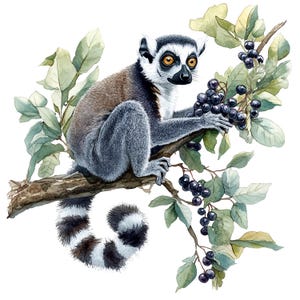 May include: Watercolor illustration of a ring-tailed lemur perched on a branch with dark berries and green leaves. The lemur has a black and white striped tail, gray fur, and a black face with large orange eyes.