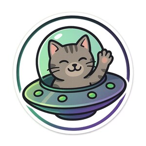 UFO-Katze Sticker | Cartoon-Katze winkt aus Untertasse | Sci-Fi Haustier Comic | Alien-Fun Aufkleber für Nerds