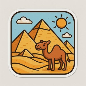 Adesivo Piramide – Design Cartone Animato Egitto – Cammello, Sabbia e Sole come Meraviglie del Mondo
