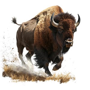 May include: A digital painting of a bison running. The bison is depicted in shades of brown and tan, with curved horns and a shaggy coat. It is running through a field of dry grass, with dust and dirt around its hooves.