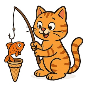 Könnte beinhalten: Cartoon-Illustration einer glücklichen, orangefarbenen getigerten Katze beim Angeln. Die Katze hält eine Angelrute mit einem Haken, an dem ein oranger Fisch hängt. Der Fisch befindet sich in einer Waffel. Die Katze hat braune Streifen und lächelt.