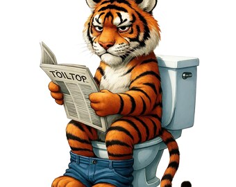 2x Roliga tigerklistermärken på toalett med tidning – Roliga djurklistermärken för bil, laptop, badrum, toalett, fönster, presentidé