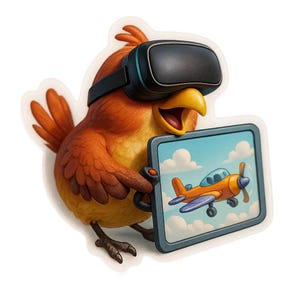 2 pájaros con gafas de realidad virtual jugando a un simulador de vuelo. Divertida pegatina de dibujos animados, resistente a la intemperie. Regalo para gamers, amantes de los pájaros y del humor.