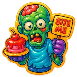 ケーキ皿と「Bite Me」サインを持つゾンビ - 面白い漫画ステッカー - 耐候性 - ホラーや食べ物のユーモアファンへのギフト
