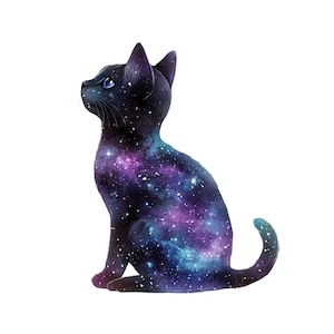 Op de afbeelding: Een zittend zwart katten silhouet met een galaxy ontwerp. Het lichaam van de kat is gevuld met een levendige mix van paars, blauw en wit, die lijkt op een sterrenhemel. De kat kijkt omhoog, met zijn staart gekruld.