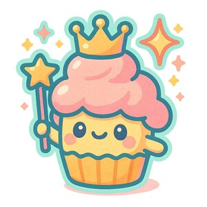 Adesivo per cupcake magico | Simpatico adesivo con corona e bacchetta magica | Torta Kawaii Divertente | Regalo per i più golosi