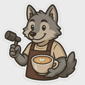 Puede incluir: Una pegatina con un lobo de dibujos animados como barista. El lobo, con un delantal marrón y una camisa beige, sostiene un pisón y una taza de café con arte latte. El lobo es gris y sonríe, con una cola esponjosa.