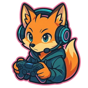Adesivo Volpe da Gioco | Adesivo in stile Sora con controller e cuffie | Regalo per nerd degli anime | Volpe da gioco in colori neon