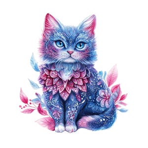 Puede incluir: Ilustración en acuarela de un gato estilizado con pelaje azul y rosa. El gato tiene grandes ojos azules y está adornado con patrones florales y ornamentales. Hojas y flores rosas y azules rodean al gato.