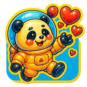 Panda astronauta lanzando globos con forma de corazón. Bonita pegatina de dibujos animados, resistente a la intemperie. Regalo para amantes del espacio, los animales y el amor.