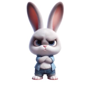 Puede incluir: Un conejo blanco de estilo caricatura con sombreado gris y orejas internas rosas. El conejo tiene ojos azules y una expresión gruñona, con los brazos cruzados. Lleva una chaqueta azul claro y pantalones cortos de mezclilla.