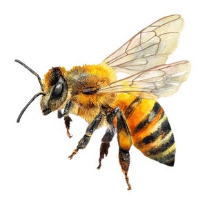 Könnte beinhalten: Aquarell-Illustration einer Honigbiene im Flug. Die Biene wird mit detaillierten Pinselstrichen dargestellt, die ihren gelb-schwarz gestreiften Hinterleib, durchscheinende Flügel und den pelzigen Brustkorb hervorheben. Das Bild ist vor einem weißen Hintergrund.