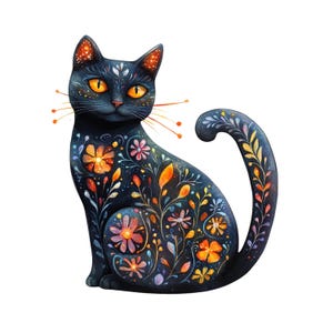 Puede incluir: Ilustración en acuarela de un gato negro con patrones florales. El gato tiene ojos y orejas naranjas, con flores y hojas coloridas adornando su cuerpo y cola. La obra de arte está sobre un fondo blanco.