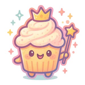 Adesivo per cupcake magico | Simpatico adesivo con corona e bacchetta magica | Torta Kawaii Divertente | Regalo per i più golosi