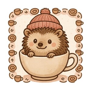 Egelsticker in theekopje met wollen muts Leuk dierenstripmotief voor herfstfans Dierenliefhebbers Cadeau-idee voor egelsvrienden