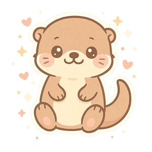 May include: A cartoon illustration of a cute otter in shades of brown and cream, with rosy cheeks and big, expressive eyes. The otter is sitting with its arms and tail curved. Soft pink hearts and yellow stars surround the otter.
