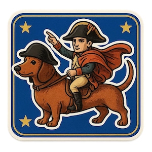 Pegatina de Napoleón en perro salchicha con sombrero de general. Sátira histórica en formato de pegatina cómica para amantes de los perros y fanáticos del humor histórico.
